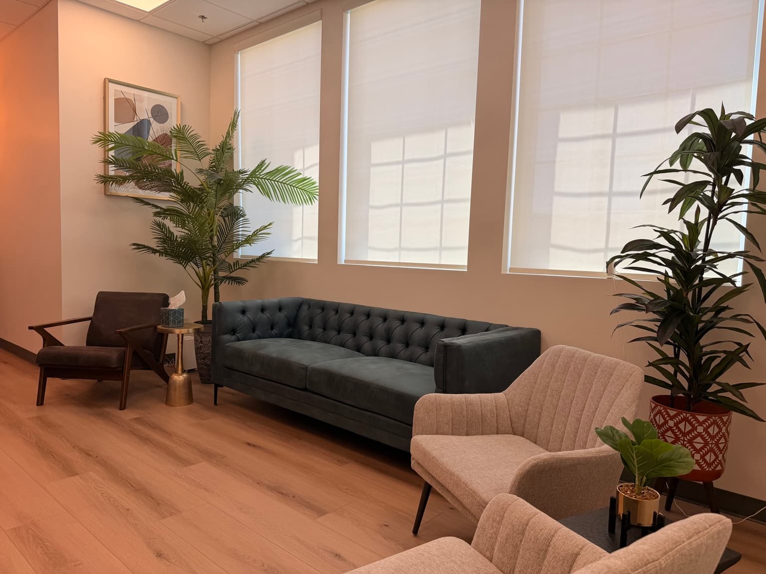 Comfortable waiting lobby with natural light at Crescent Health Clinic, South Jordan, Utah